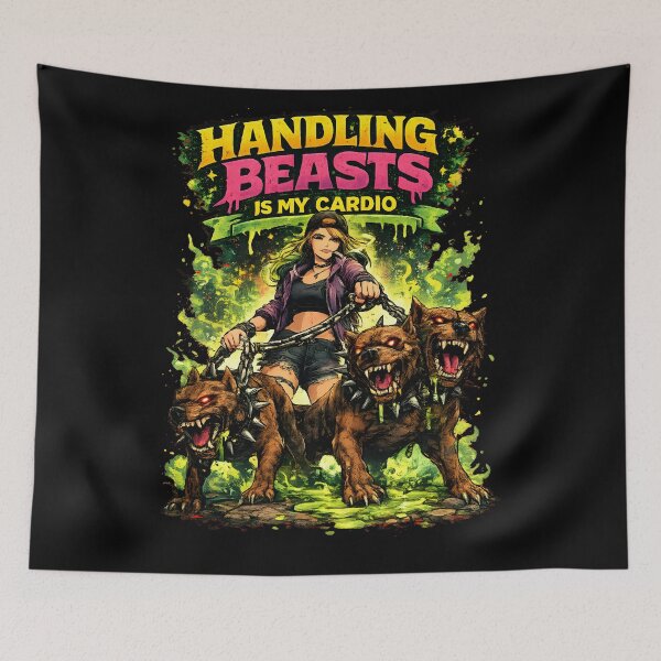 Item preview, Handling Beasts Is My Cardio Funny Beastmaster Cerberus Hellhound Fantasy Art designed and sold by DrawHandArt.