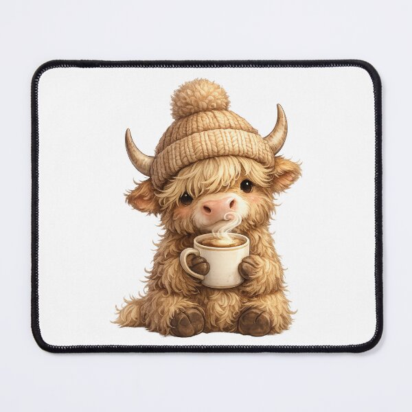Item preview, Highland Cow With Cream Beanie & Coffee designed and sold by FoggyBogs.