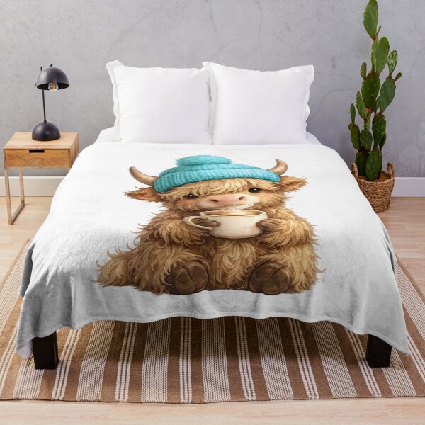 Item preview, Highland Cow With Blue Beanie & Coffee designed and sold by FoggyBogs.