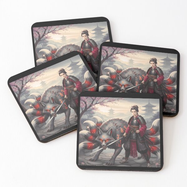 Item preview, Samurai woman warrior with battle Kitsune designed and sold by SakuraVibes.