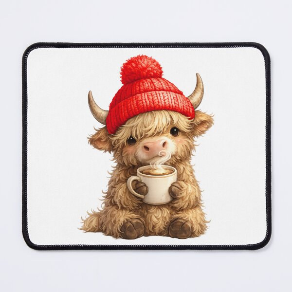 Item preview, Highland Cow With Red Beanie & Coffee designed and sold by FoggyBogs.
