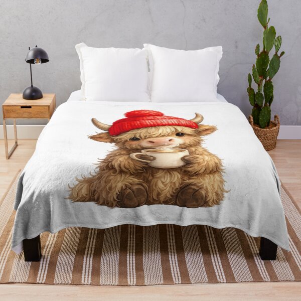 Item preview, Highland Cow With Red Beanie & Coffee designed and sold by FoggyBogs.
