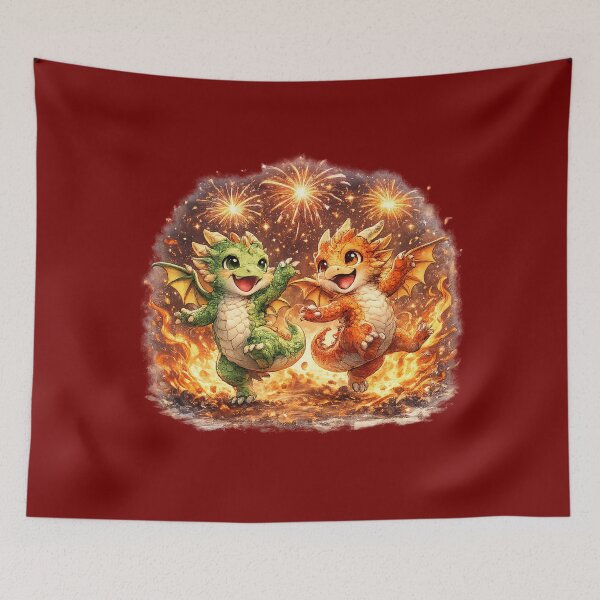 Item preview, Two Happy Baby Dragons Dancing in Fireworks designed and sold by SpicyWind.