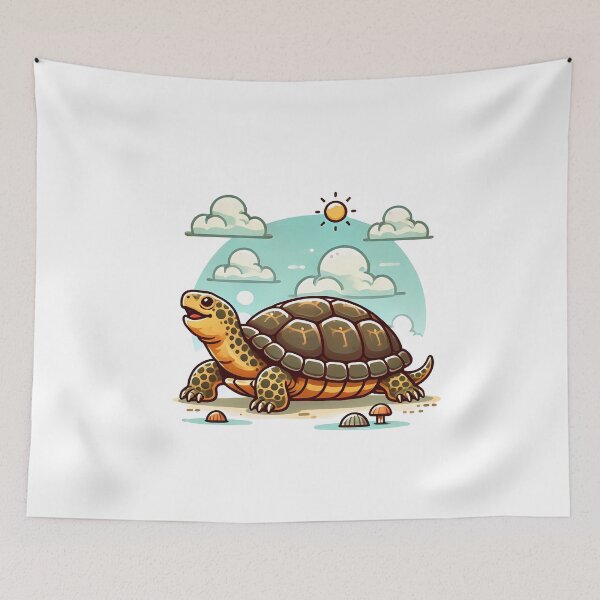 Item preview, Colorful cartoon tortoise basking under the sun with a vibrant sky and whimsical clouds. designed and sold by cave-canvas.
