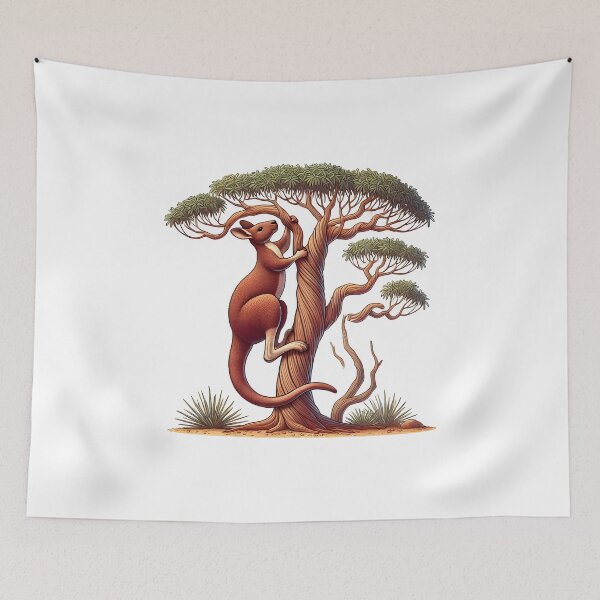 Item preview, A playful kangaroo climbs a tree, surrounded by lush green foliage and a desert landscape. designed and sold by cave-canvas.