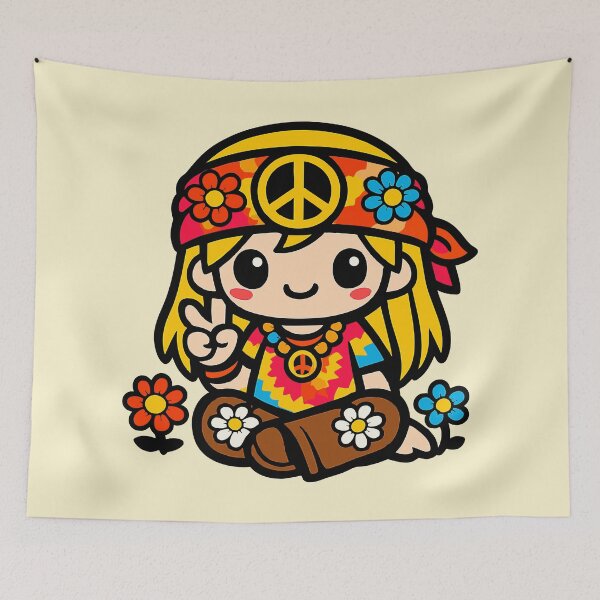 Item preview, Retro Kawaii Hippie Boy - 1967 Summer of Love Peace & Love Art designed and sold by Far Out Goods.