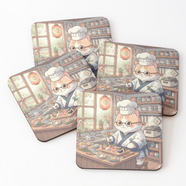 Item preview, Cute elderly Japanese cat chef preparing traditional sushi in a cozy kitchen, watercolor children's book illustration style. designed and sold by André Ramos Ielo.