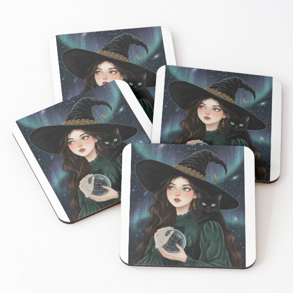 Item preview, Enchanted Witch with Black Cat and Crystal Ball Under Aurora Sky designed and sold by AbstractAuraArt.