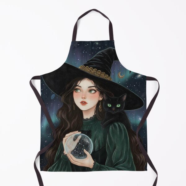 Item preview, Enchanted Witch with Black Cat and Crystal Ball Under Aurora Sky designed and sold by AbstractAuraArt.