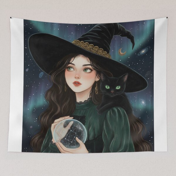 Item preview, Enchanted Witch with Black Cat and Crystal Ball Under Aurora Sky designed and sold by AbstractAuraArt.