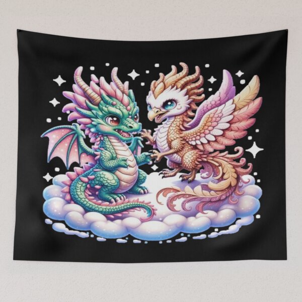 Item preview, Baby Dragon and Phoenix Playing Together – Magical Fantasy Illustration designed and sold by GraphGUY.