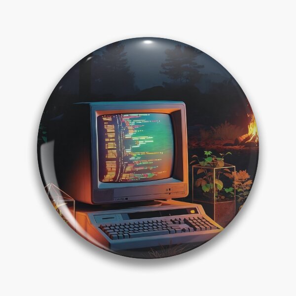 Item preview, Retro Computer in the Forest – Vintage 80s Tech Campfire Scene designed and sold by LuxeBuzz.