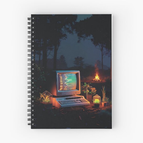 Item preview, Retro Computer in the Forest – Vintage 80s Tech Campfire Scene designed and sold by LuxeBuzz.