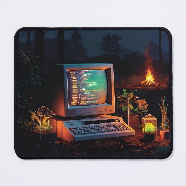 Item preview, Retro Computer in the Forest – Vintage 80s Tech Campfire Scene designed and sold by LuxeBuzz.