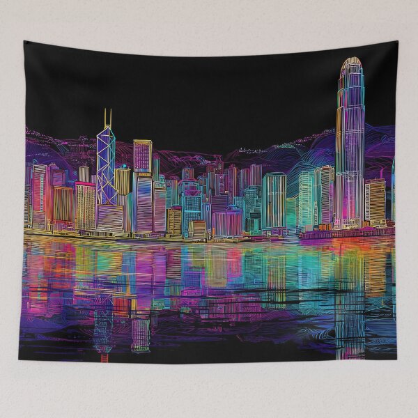 Item preview, Hong Kong Futuristic Neon Skyline – Cool Spectrum designed and sold by SkylineVistas Designs.