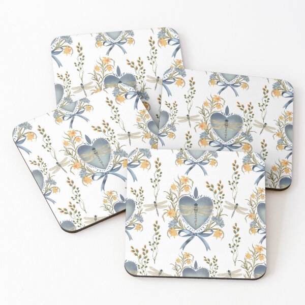 Item preview, Botanical seamless pattern with yellow flowers, blue heart, blue bows with dragonflies on a white background designed and sold by Grin Katalina Floral Patterns & Cozy Art.