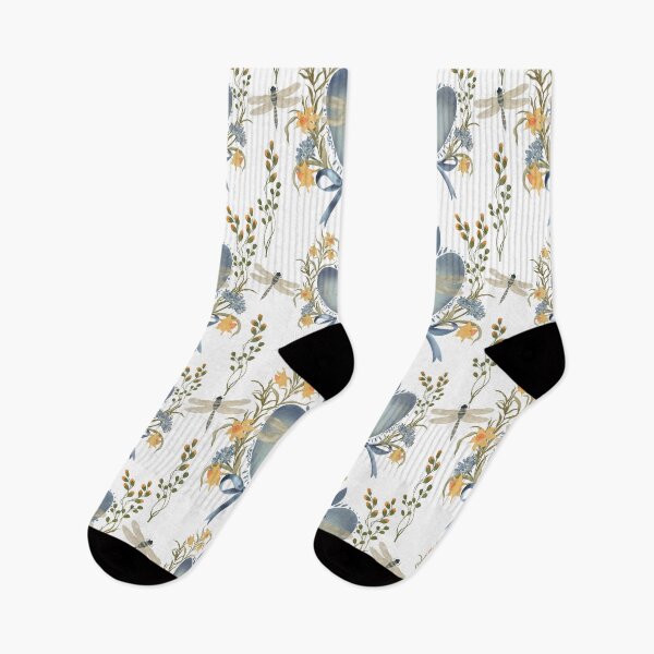Item preview, Botanical seamless pattern with yellow flowers, blue heart, blue bows with dragonflies on a white background designed and sold by Grin Katalina Floral Patterns & Cozy Art.