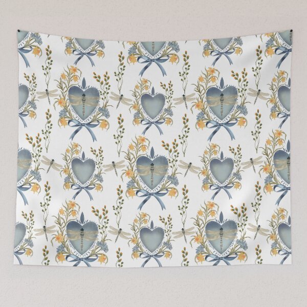 Item preview, Botanical seamless pattern with yellow flowers, blue heart, blue bows with dragonflies on a white background designed and sold by Grin Katalina Floral Patterns & Cozy Art.