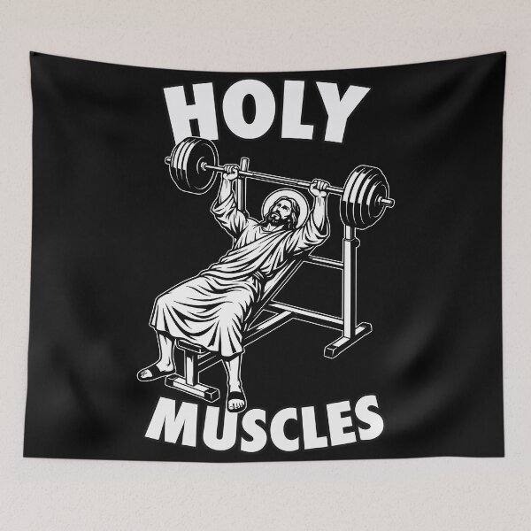 Item preview, Holy Muscles - Jesus Gym Bodybuilding Satire designed and sold by WAMTEES.