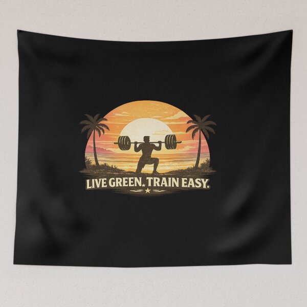 Item preview, Live Green Train Easy – Sunset Gym Aesthetic Vegan Fitness Shirt designed and sold by VibeOffline Studio.