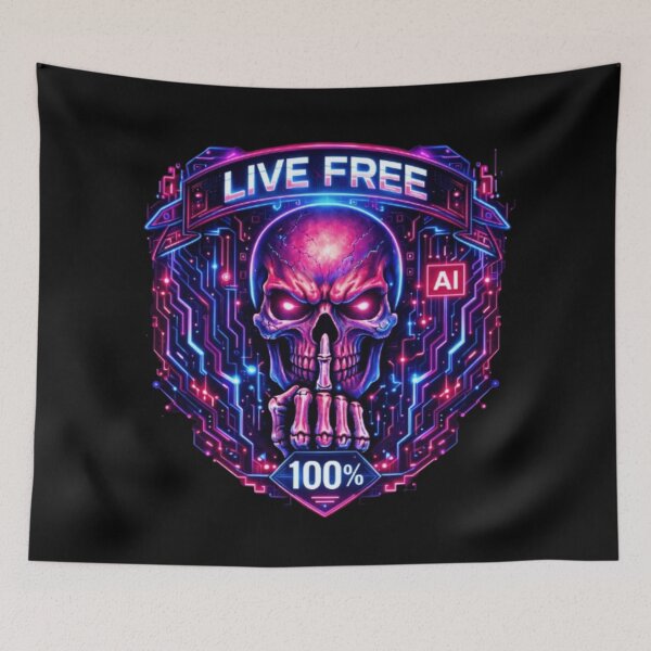 Item preview, Cyberpunk Neon Skull "Live Free" | 100% AI Hacker Aesthetic | Synthwave Tech Art designed and sold by JonathanP514.