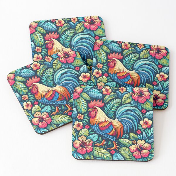 Item preview, Vibrant Tropical Rooster with Colorful Hibiscus Flowers designed and sold by BrickByDream.