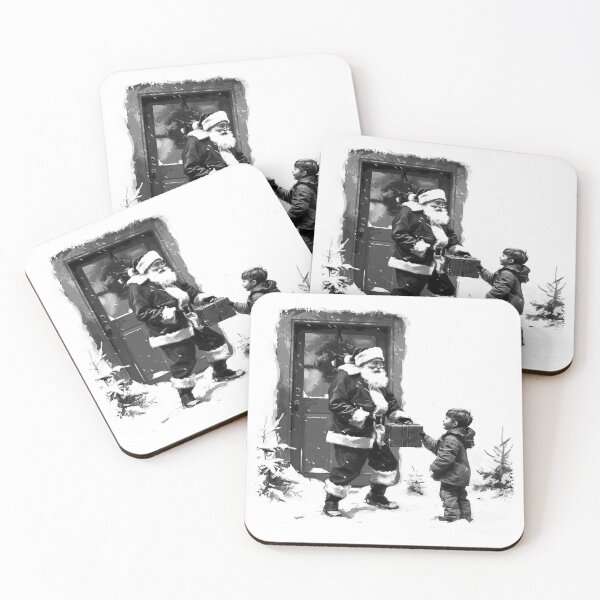 Item preview, Santa Delivering a Gift – Heartwarming Black and White Christmas Doorstep Illustration designed and sold by inkoutninja.