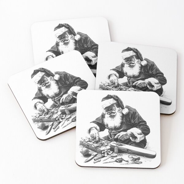 Item preview, Santa Workshop Repair – Black and White Christmas Tinkerer Illustration designed and sold by inkoutninja.