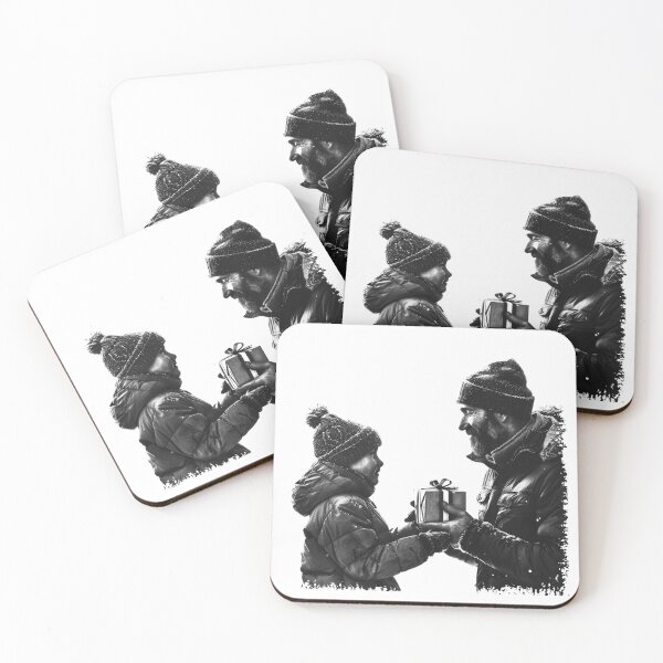Item preview, Father and Child Gift Exchange – Heartwarming Black and White Winter Illustration designed and sold by inkoutninja.