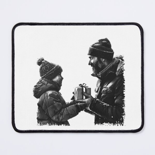 Item preview, Father and Child Gift Exchange – Heartwarming Black and White Winter Illustration designed and sold by inkoutninja.