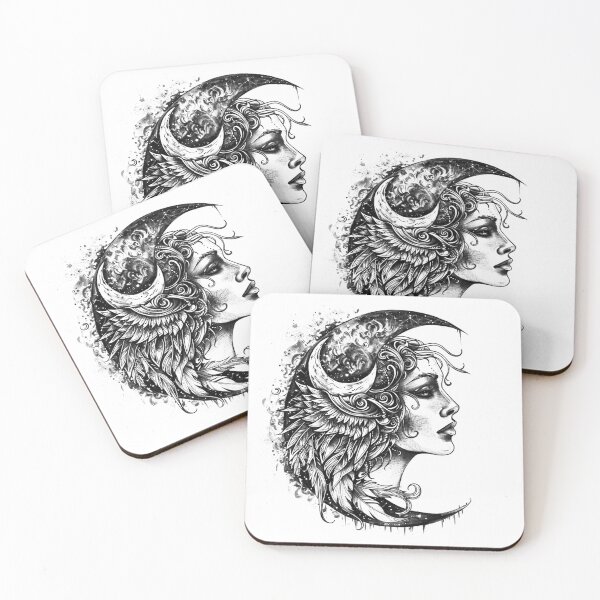 Item preview, Moon Goddess Portrait – Celestial Crescent Moon Winged Woman Black and White Illustration designed and sold by inkoutninja.