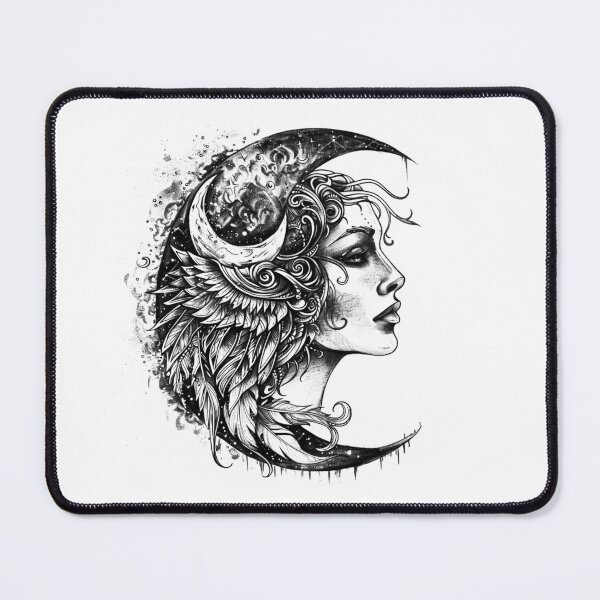 Item preview, Moon Goddess Portrait – Celestial Crescent Moon Winged Woman Black and White Illustration designed and sold by inkoutninja.