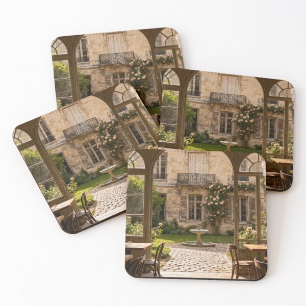 Item preview, Romantic Parisian Coffee Shop Artwork, Historic French Building with Floral Garden View designed and sold by BlareBlare.