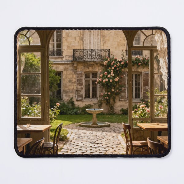 Item preview, Romantic Parisian Coffee Shop Artwork, Historic French Building with Floral Garden View designed and sold by BlareBlare.