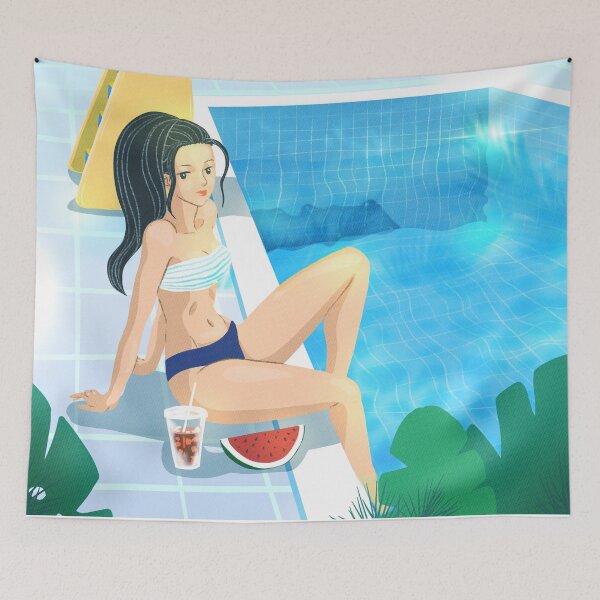 Item preview, Summer Bliss: Stylish Young Woman Enjoying the Poolside Sun  designed and sold by QamarART Paintings.