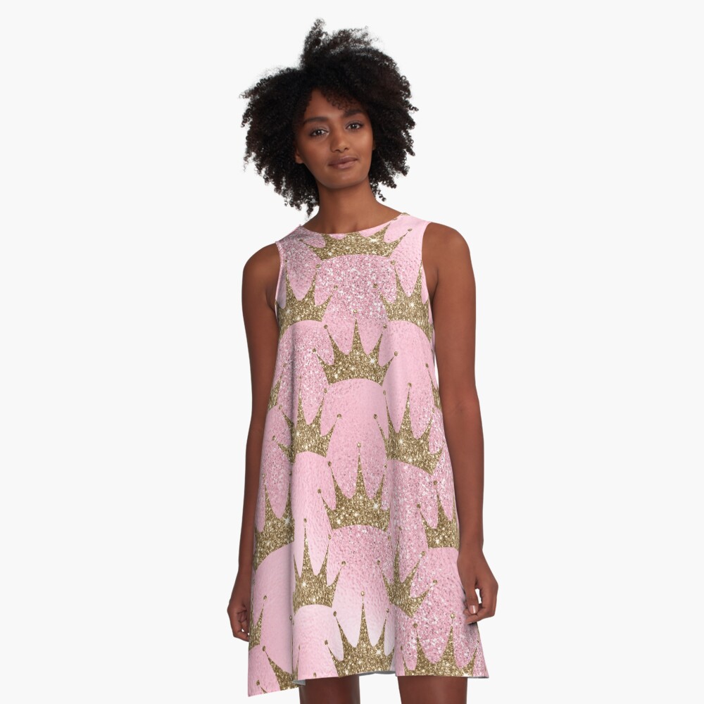 Mermaid Unicorn Pink Glitter Gold Crown Oriental A-Line Dress