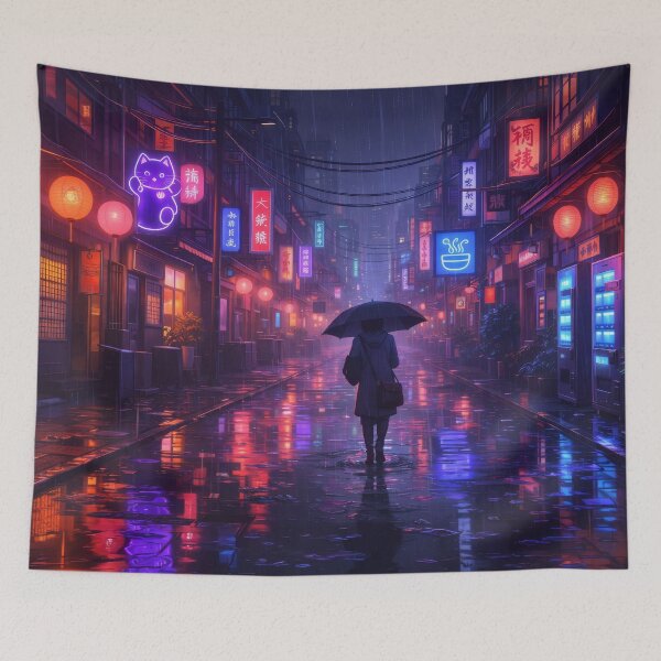 Item preview, Neon Rain Alley Cyberpunk Tokyo Street Night Umbrella Reflections designed and sold by CharmedVille.