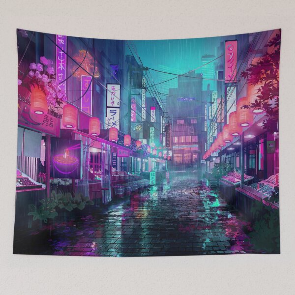 Item preview, Neon Pink Lantern Alley Cyberpunk Tokyo Rain Street Reflections designed and sold by CharmedVille.