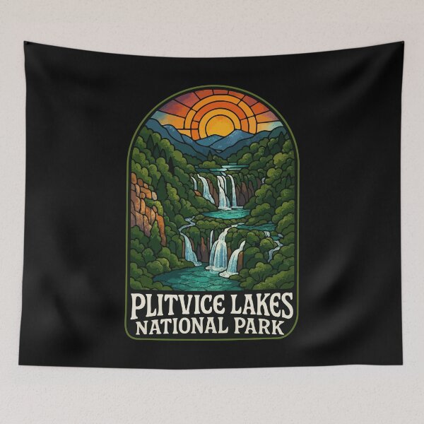 Item preview, Plitvice Lakes National Park Retro Stained Glass Travel designed and sold by TomFrontierArt.
