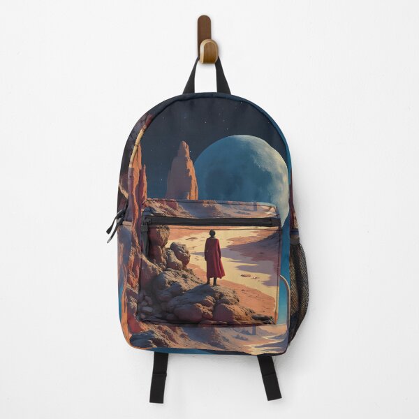 Item preview, Human before a cosmic gateway on Mars – Futuristic landscape with planets designed and sold by SynthstarShop.