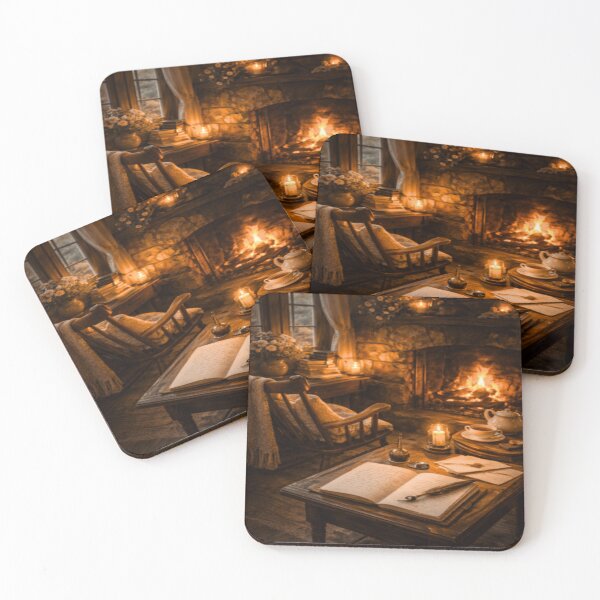 Item preview, Cottage Fireplace Writing Nook – Candlelit Quiet Cottagecore Evening designed and sold by ArtFreshStudio.