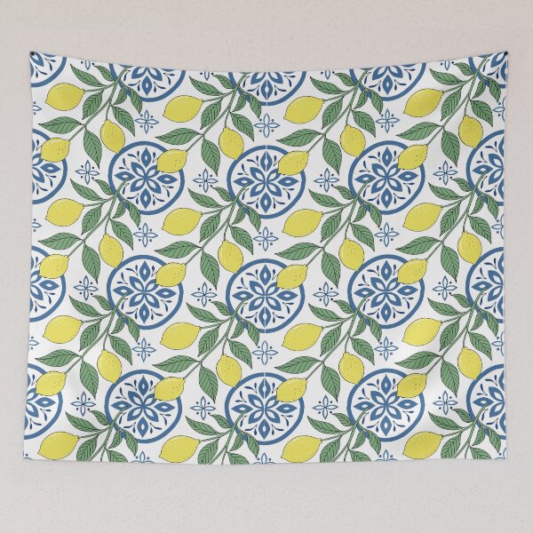 Item preview, Sicilian lemon motifs with blue and white Moroccan tile designed and sold by TeezTales.
