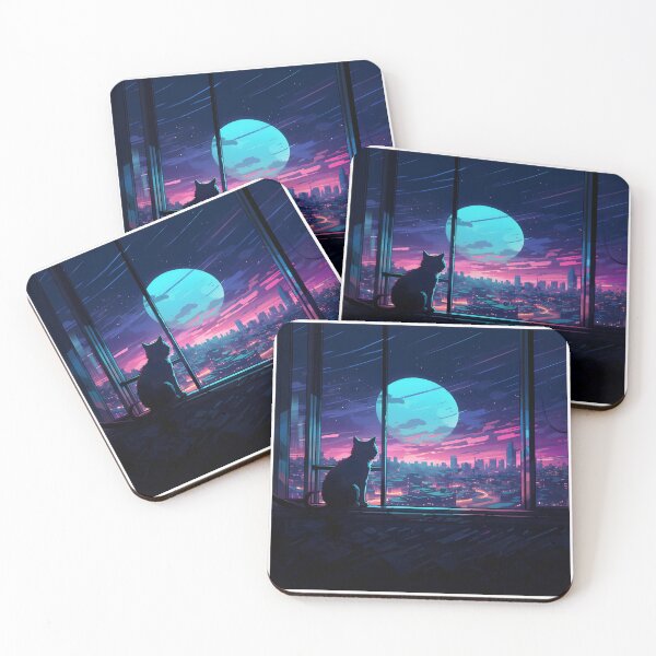 Item preview, Lofi Moon Cat Night City Skyline Neon Window Twilight designed and sold by CharmedVille.