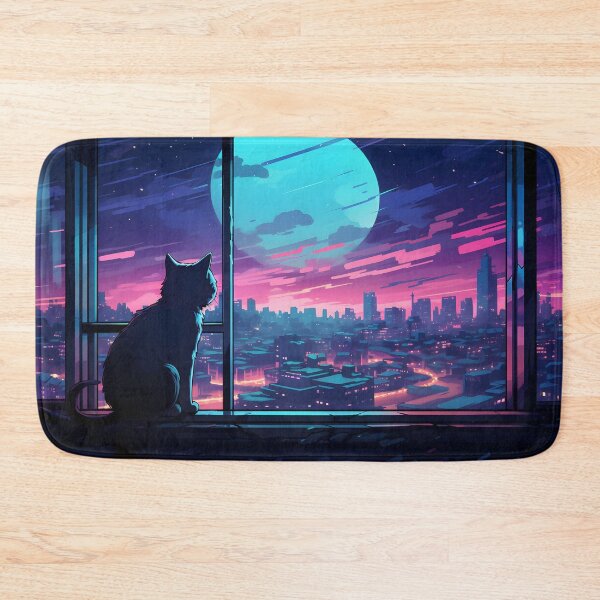 Item preview, Lofi Moon Cat Night City Skyline Neon Window Twilight designed and sold by CharmedVille.