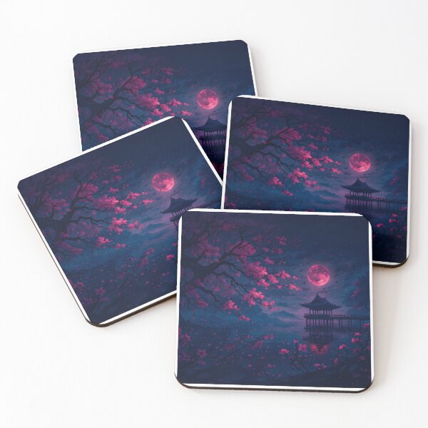 Item preview, Pink Moon Cherry Blossom Lake Pagoda Night Landscape anime deskmat designed and sold by CharmedVille.