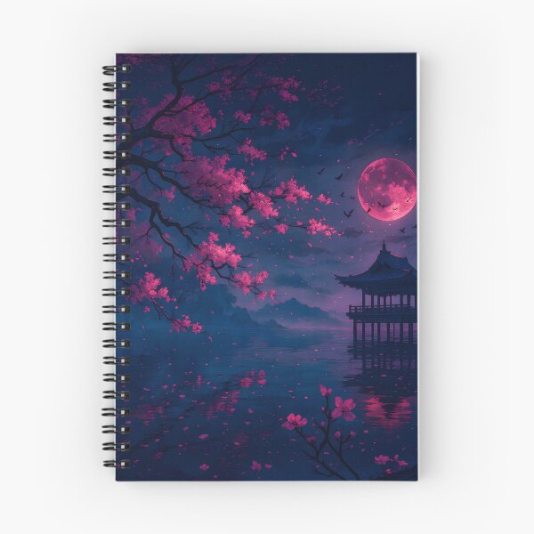 Item preview, Pink Moon Cherry Blossom Lake Pagoda Night Landscape anime deskmat designed and sold by CharmedVille.
