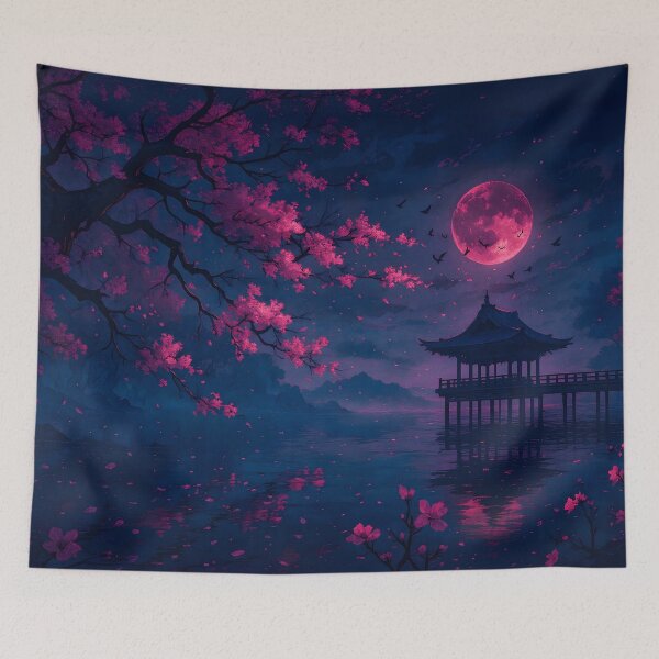Item preview, Pink Moon Cherry Blossom Lake Pagoda Night Landscape anime deskmat designed and sold by CharmedVille.