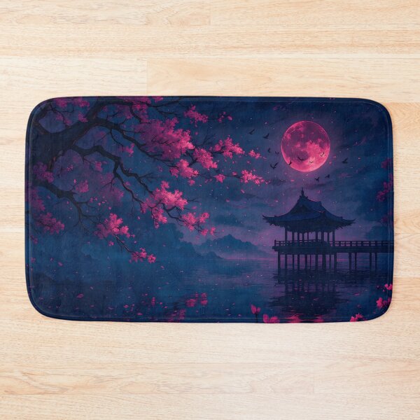 Item preview, Pink Moon Cherry Blossom Lake Pagoda Night Landscape anime deskmat designed and sold by CharmedVille.