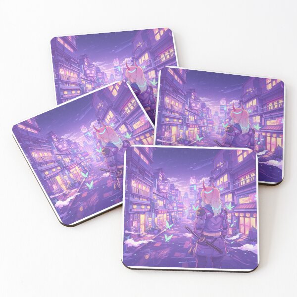 Item preview, Pastel Cyberpunk Anime Warrior Girl Neon City Street deskmat designed and sold by CharmedVille.