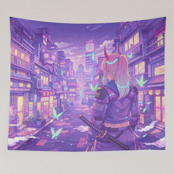 Item preview, Pastel Cyberpunk Anime Warrior Girl Neon City Street deskmat designed and sold by CharmedVille.